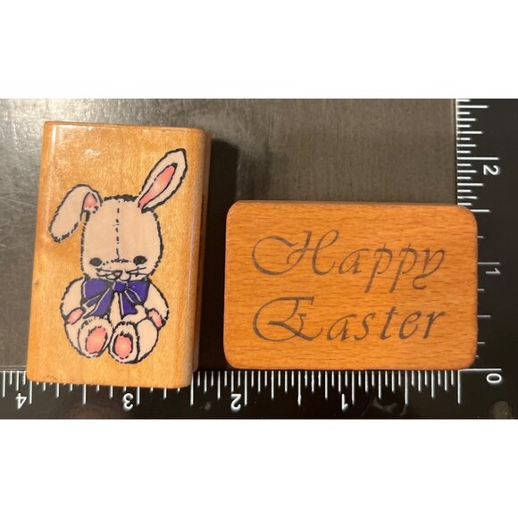 Vintage Comotion Rubber Stamp Set of 2- 253 Cute Bunny & Happy Easter Design - Picture 1 of 5